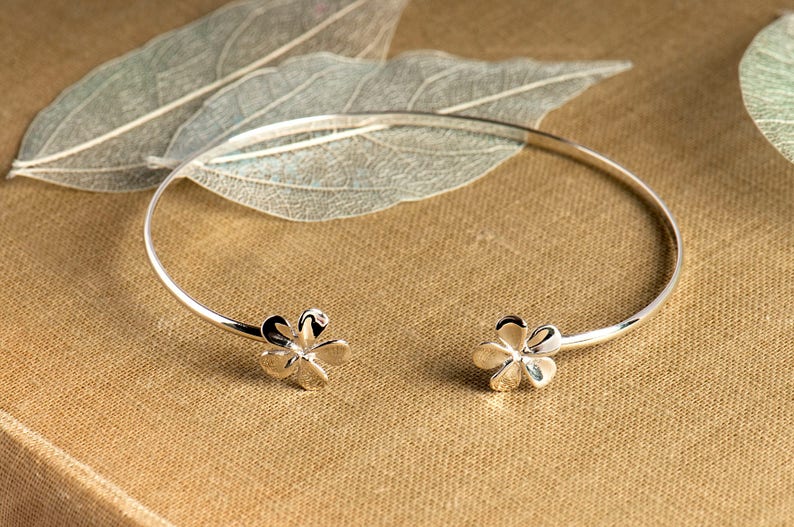 Flower Bangle Sterling Silver, Dainty Flower Bangle, Bridesmaid Silver Bangle, Personalised Flower Bangle, Gift For Mum, Wedding Jewellery image 4