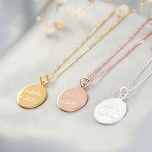 Gold, Rose Gold & Sterling Silver engraved Inhale, exhale disc necklaces on a ball chain and bespoke gift card