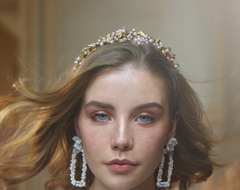 Marchesa | Bridal Crown, Pearl Tiara, Statement Tiara, Gold Crown, Floral Tiara, JONIDA RIPANI - Made in Italy