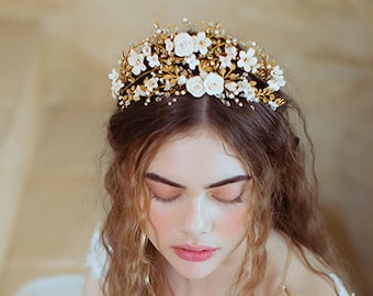 Capri / Corona nupcial, Tiara de flores, Tiara de declaración, Corona de oro, Tiara floral, JONIDA RIPANI - Hecho en Italia