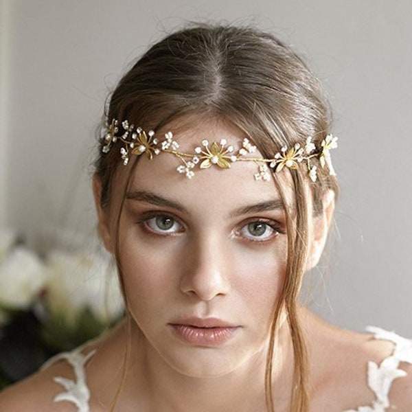 Beatrice | Bridal Headband, Bridal Halo, Crystal Headpiece, Pearl Tiara, Gold Headpiece, Simple Headpiece, JONIDA RIPANI - Made in Italy