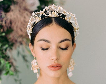 Roma / Corona nupcial, Tiara de perlas, Tiara de declaración, Corona de oro, Corona de perlas, Diadema de perlas, Diadema nupcial, JONIDA RIPANI - Hecho en Italia