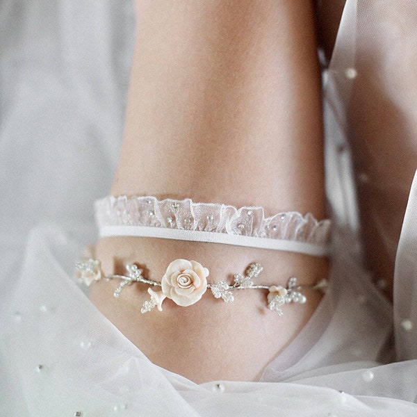 Aurora | Bridal Garter, Floral Bridal Garter, Crystal Beaded Bridal Garter, Wedding Garter, White Garter, Personalized Garter, JONIDA RIPANI