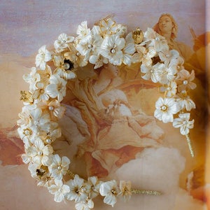 Michelangelo / Corona nuziale, Tiara floreale, Tiara vistosa, Fascia per capelli nuziale, Corona dorata, Tiara floreale, JONIDA RIPANI - Prodotto in Italia
