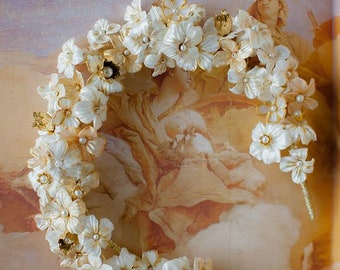 Michelangelo | Bridal Crown, Flower Tiara, Statement Tiara, Bridal Headband, Gold Crown, Floral Tiara, JONIDA RIPANI - Made in Italy
