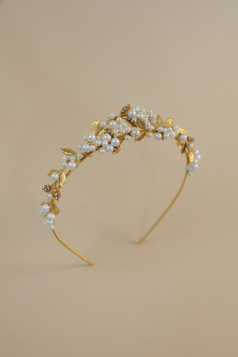 Marchesa Bridal Crown, Pearl Tiara, Statement Tiara, Gold Crown, Floral Tiara, JONIDA RIPANI Made in Italy image 3