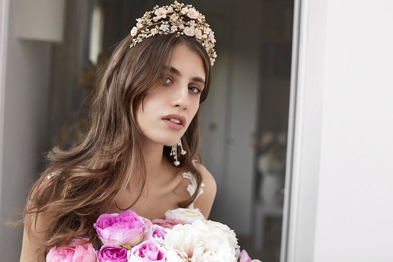Capri Bridal Crown, Flower Tiara, Statement Tiara, Gold Crown, Floral Tiara, JONIDA RIPANI Made in Italy image 3