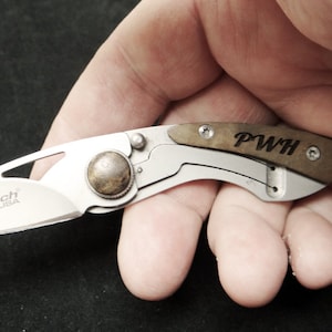 Groomsmen Gift - Personalized Mini Pocket Knife with Maple Burl Wood Overlay Handle, Custom Engraved Gentleman&#39;s Knife for anyone