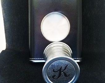 Personalized Flask with Built-in Shot Glass: Stainless Steel, Faux Leather Wrap
