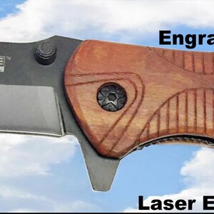 Personalized Folding Pocket Utility Knife with Wooden Handle, Black Blade, Belt Clip - Ideal Groomsman Gift and Camping Tool