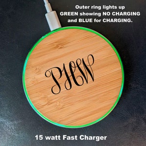 Custom Personalized Fast Wireless Charger - Business, Christmas, Birthdays - Qi Compatible - Wood Veneer - USB-C Cable - Laser Engraved -