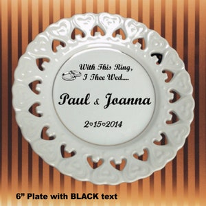 Elegant Personalized White Ceramic Plate with Gold Trim and Cut Out Hearts - Custom Wedding, Anniversary, or Engagement Gift - Handmade