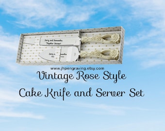 Personalized Vintage Rose Cake Knife and Server Set, Bridal Shower Gift, Wedding Reception Accessory, Anniversary