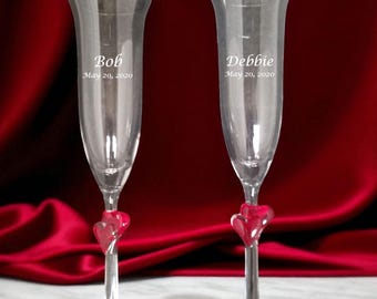Valentine Personalized Champagne Flutes: Red Heart Toasting Glasses