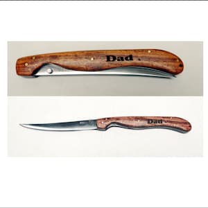 Fishing Gift -Unique Personalized Folding Fillet Knife for Fisherman - Stainless Steel Blade, Wood Grain Handle, outdoorsman gift, Christmas