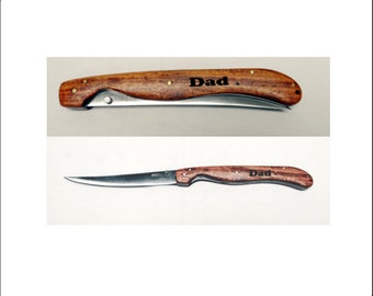 Personalized Folding Fillet Knife: Stainless Steel Blade, Wood Grain Handle
