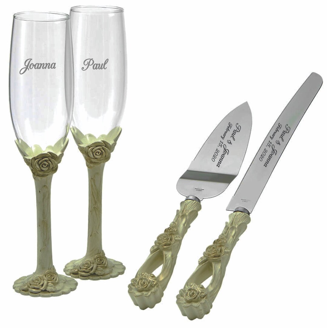 Personalized Vintage Rose Cake Knife & Server Set With Engraved Toasting Flutes, Anniversary