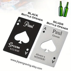 Engraved Wallet Bottle Opener for Groomsmen and Poker Players - Personalized Stainless Steel Credit Card Sized Opener - Casino Night Favors