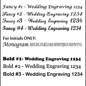 May include: A black and white image showing different font styles for engraving. The text reads "Font Examples for Engraving" and includes examples of "Fancy" and "Bold" fonts, as well as "Customer's Own Handwriting" and "Customer's Own FONT".