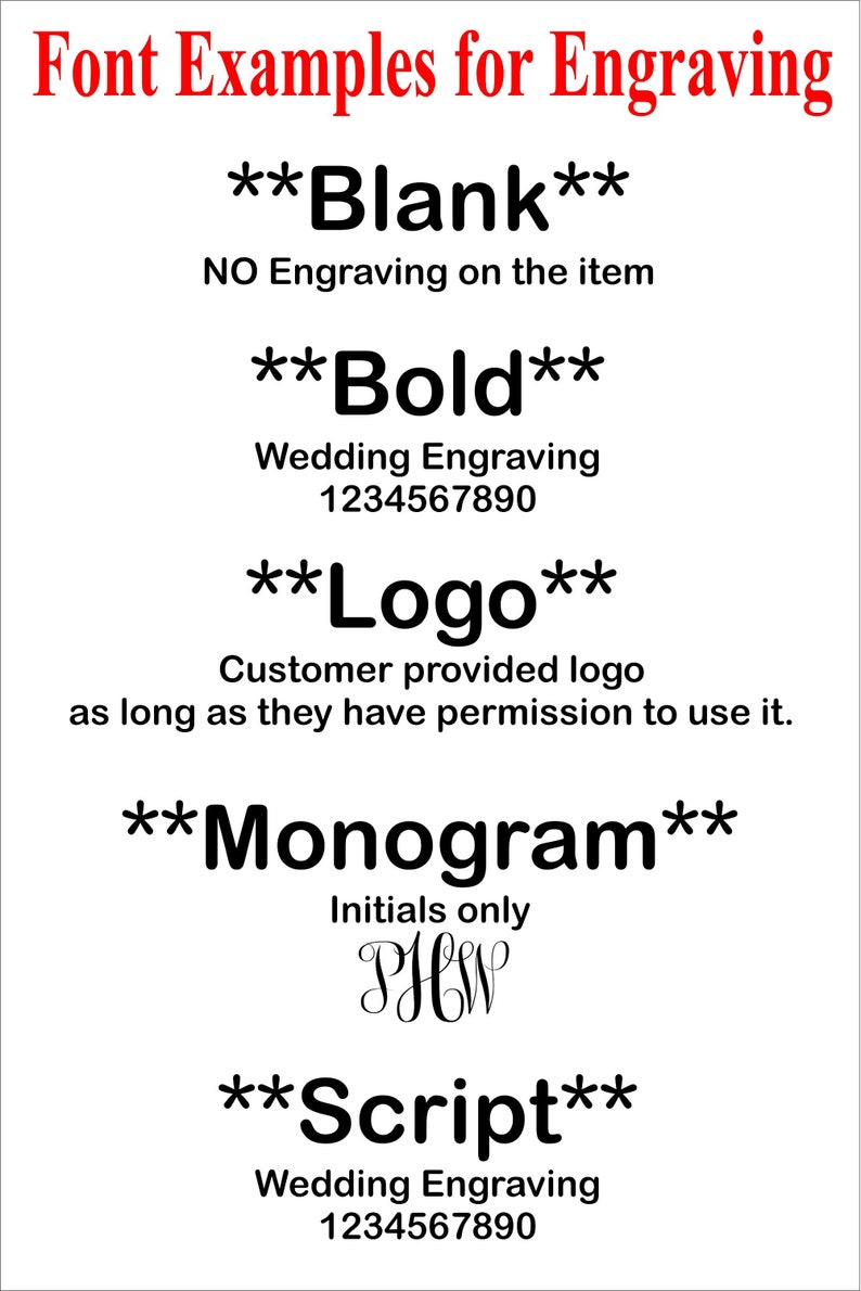 K&ouml;nnte beinhalten: Ein wei&szlig;er Hintergrund mit schwarzem Text, der verschiedene Schriftarten f&uuml;r Gravuren zeigt. Der Text umfasst "Blank", "Bold", "Logo", "Monogram" und "Script". Das Beispiel "Monogram" zeigt die Initialen "PHW" in einer Schreibschrift.
