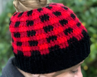 Buffalo Plaid Messy Bun Hat | Crochet Ponytail Beanie | Red and Black Plaid Mom Bun Beanie | Top Knot Beanie | Gift Under 30