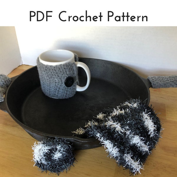 Crochet Pattern | Eco-Friendly Kitchen Set | Crochet Kitchen Set | Dishrag, Scrubby, Cup Cozy, Skillet Handles Crochet Set | PDF Pattern