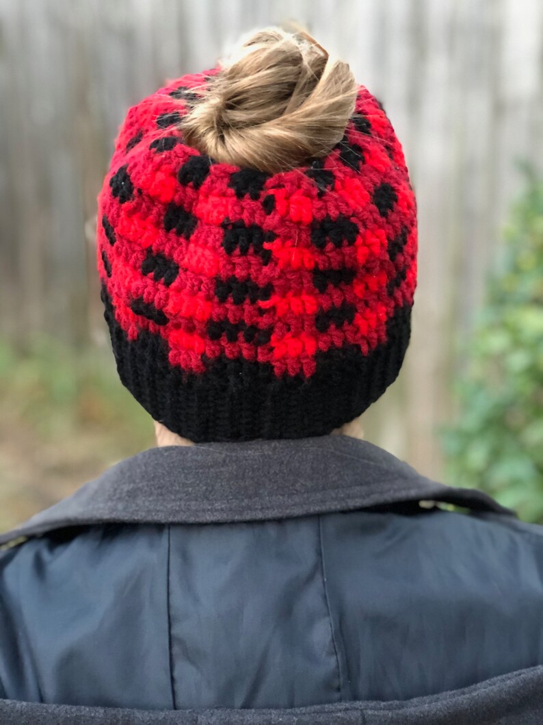 Top Knot Beanie Buffalo Plaid Messy Bun Hat Gift Under 30 Red and Black Plaid Mom Bun Beanie Crochet Ponytail Beanie