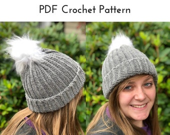 Ribbed Crochet Beanie Pattern | Crochet Hat Pattern | Faux-Fur Pom-Pom Slouchy Beanie | Double Brim Beanie | Easy Crochet Pattern | PDF