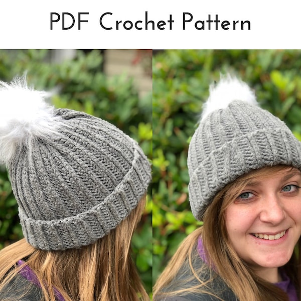 Ribbed Crochet Beanie Pattern | Crochet Hat Pattern | Faux-Fur Pom-Pom Slouchy Beanie | Double Brim Beanie | Easy Crochet Pattern | PDF