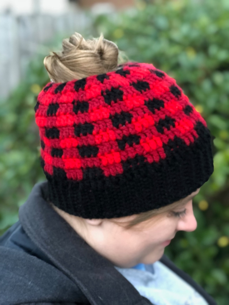 Top Knot Beanie Buffalo Plaid Messy Bun Hat Gift Under 30 Red and Black Plaid Mom Bun Beanie Crochet Ponytail Beanie