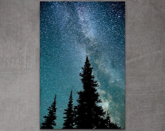 Milky Way Canvas Starry Night Fine Art Photography, Blue Night Sky Photography Tall Trees and Milky Way Galaxy, Astronomy Canvas Wall Art