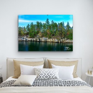 Rocky Coastline Canvas, Smugglers Island Arbutus Tree Photography Print by Shel Neufeld, Coastal Landscape Large Wall Art Green Orange Blue