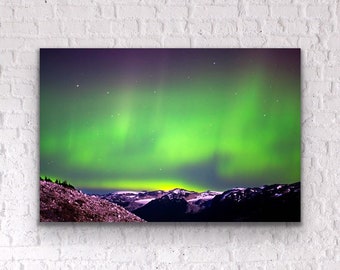 Aurora Borealis Canvas by Shel Neufeld, Green Northern Lights Night Sky Landscape Photo, Mountain Landscape Night Sky Photography Print