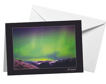 Northern Lights Card, Green Aurora Borealis Snowy Mountain Landscape blank greeting card by Shel Neufeld, Night Photography Fine Art Print