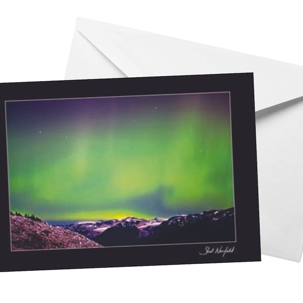 Northern Lights Card, Green Aurora Borealis Snowy Mountain Landscape blank greeting card by Shel Neufeld, Night Photography Fine Art Print