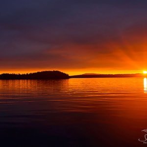 Orange Sunset Print, Ocean Horizon Sunbeam Fine Art Photography Print by Shel Neufeld, Living Room Large Wall Art Ocean Landscape Print