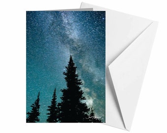 Milky Way Card, Starry Night Fine Art Photography Greeting Card, Blue Night Sky Photography with Tall Trees and Milky Way Galaxy, Astronomy