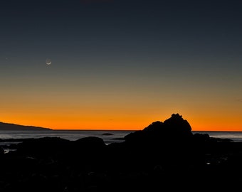 Orange Sunrise Print, Sun and Moon Sunrise Beach Photography Print, Night Sky Scene Nature Photography Fine Art Canvas Print by Shel Neufeld