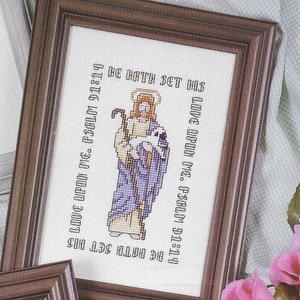 Vintage Scriptures Bible Verse Cross Stitch Pattern KJV &quot;He Hath Set His Love Upon Me&quot; Psalm 91:14 King James Version Housewarming Baptism