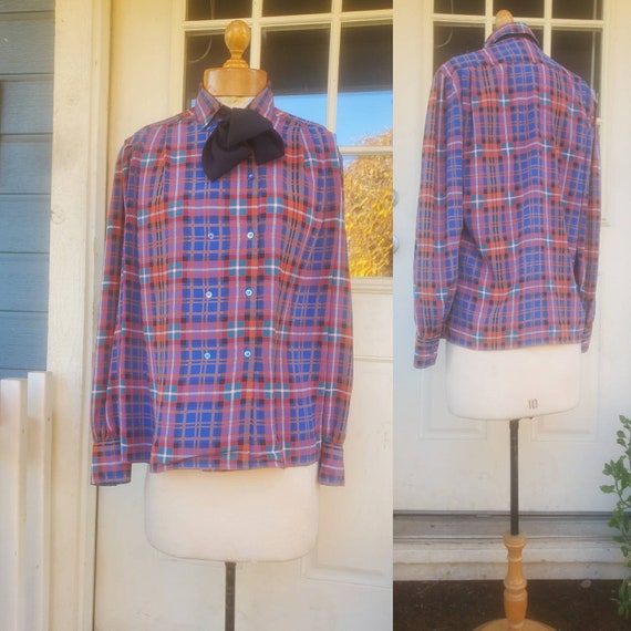 1980s plaid career blouse with pussy bow • M/L - image 1