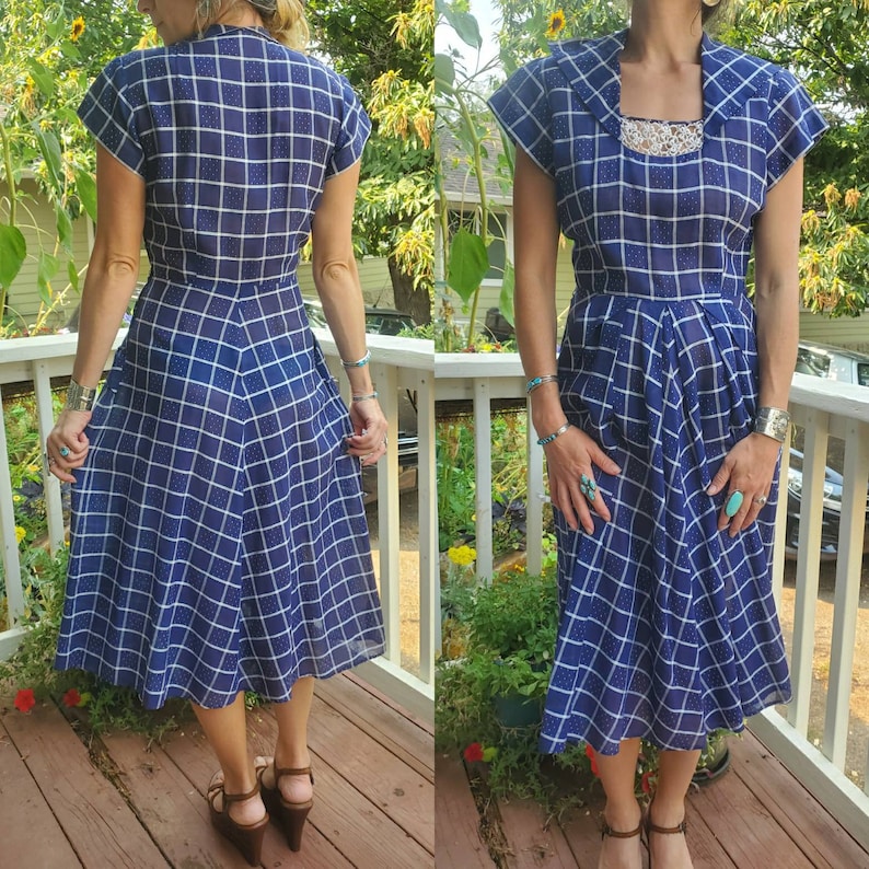 1940s blue plaid dress small image 1