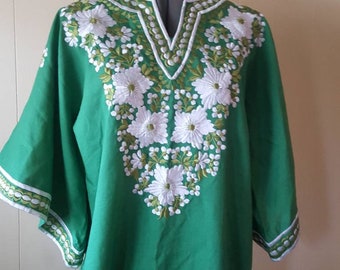 1960s long embroidered dress | boho Green flower Embroidered long tunic dresses