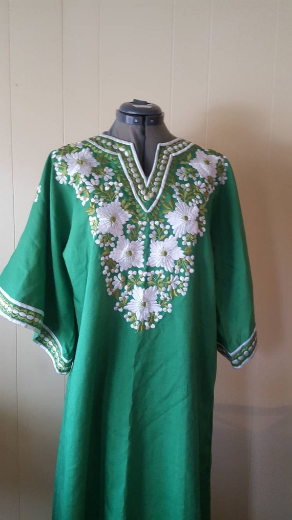 1960s long embroidered dress | boho Green flower E