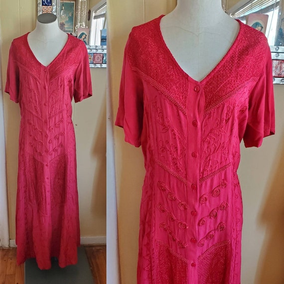 1990s embroidered red dress • medium - image 3