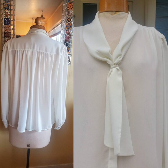 1980s white career blouse with  bow • large - image 3