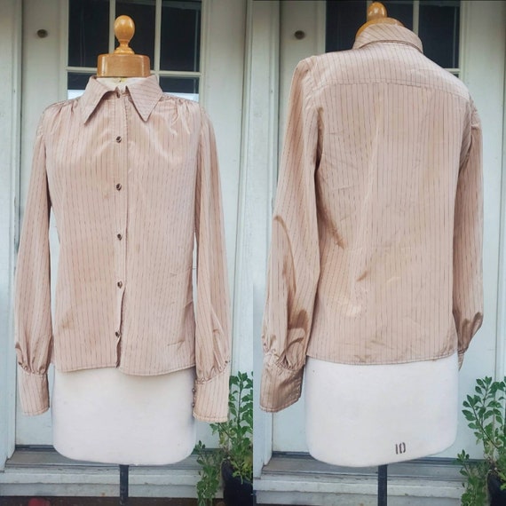 1980s beige stripped career blouse • medium - image 1