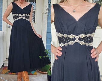 Black formal 1960s dress with rhinestone, crystal and pearl embellishments • xs/s