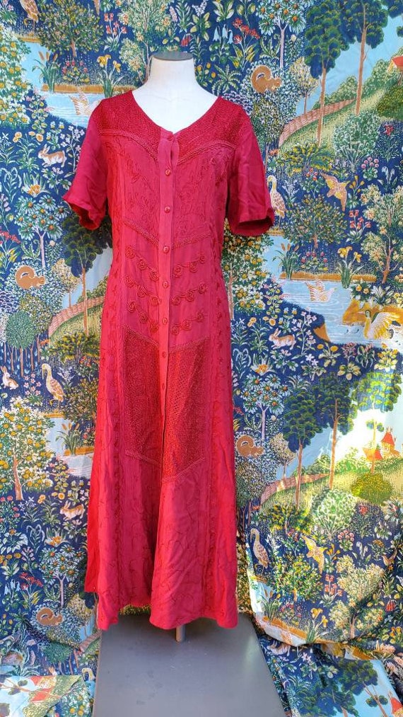 1990s embroidered red dress • medium - image 9