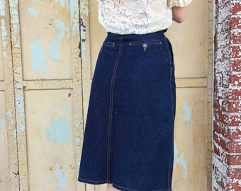 1980s denim skirt dark blue jean pencil skirt