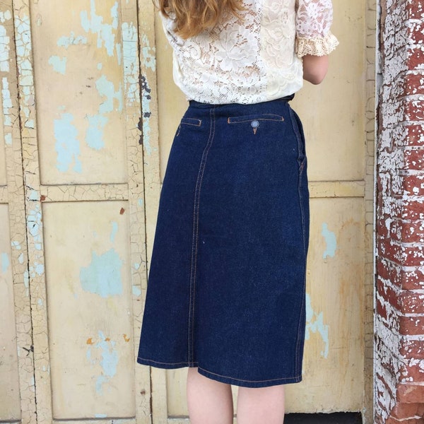 1980s denim skirt dark blue jean pencil skirt